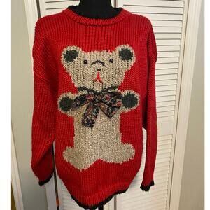 Vintage E.V.E Ltd. hand knit Chunky‎ Red Sweater Teddy bear 22 W 1980s